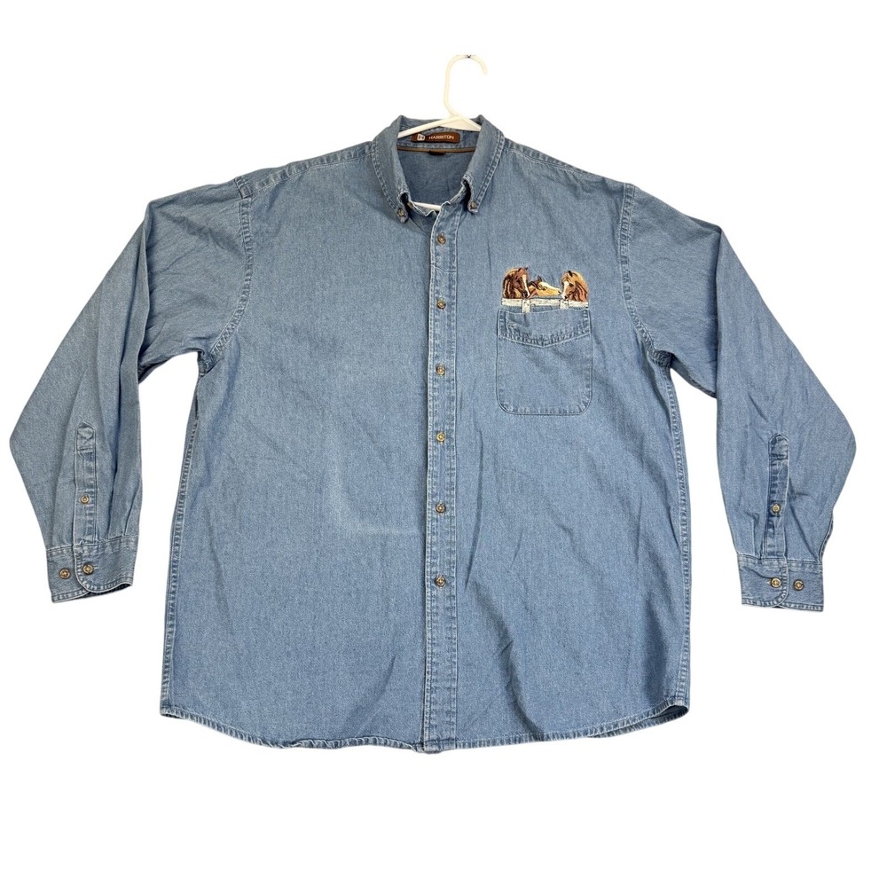 Harriton Denim Shirt Mens XL Blue Button Down Long Sleeve Horse Embroidery *Read